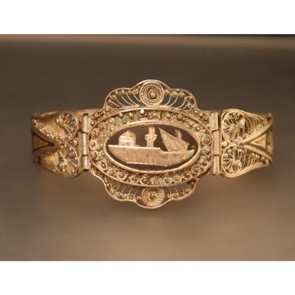 Vintage Niello Enamel Silver Filigree Bracelet Middle Eastern Look - Picture 1 of 5